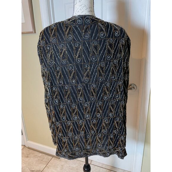 Valarie Stevens Evening black Gold & Silver Beaded Silk Cardigan Vintage 22 - Picture 3 of 15